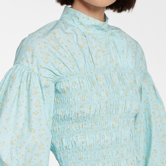 GANNI Shirred Floral-Print Organic Cotton-Blend Poplin Blouse. Sz. Large 8/10 - Picture 5 of 11